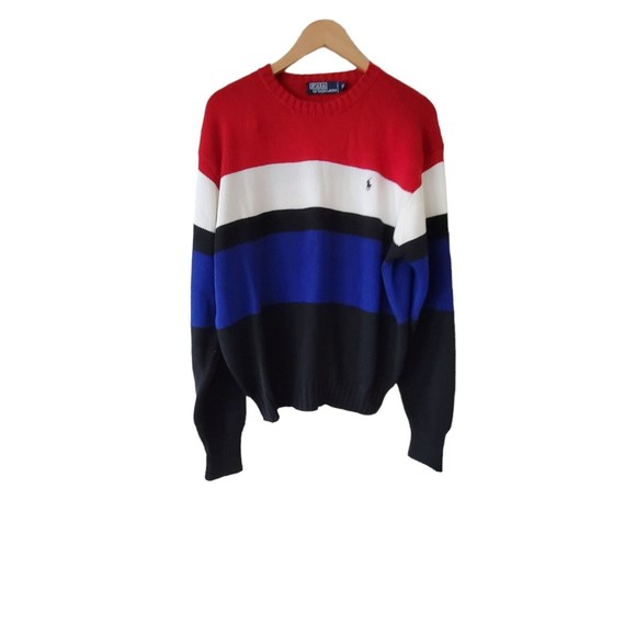 Polo Ralph Lauren Red White Blue Striped Crew Neck Knit Sweater Cotton Color Blk - Picture 7 of 7
